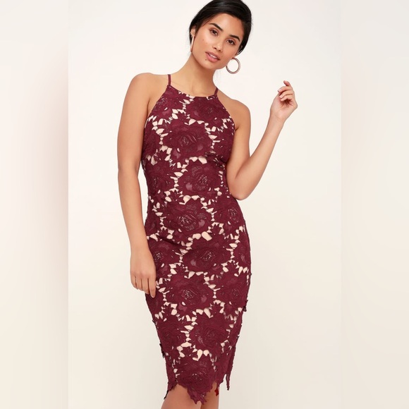 Lulus Dresses & Skirts - 💋 LULUs Temps De L'Amour Burgundy Lace Bodycon Midi Dress. MED. Excellent Cond